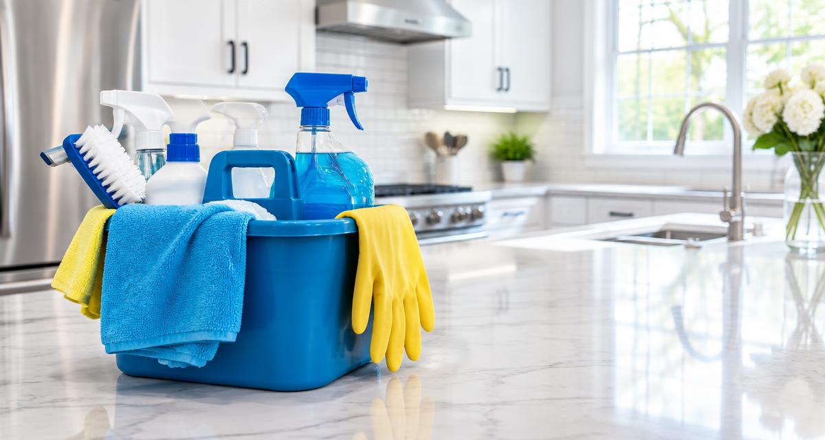 Professional cleaning supplies in a clean kitchen