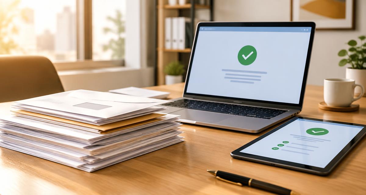 Invoices beside a laptop showing paid status
