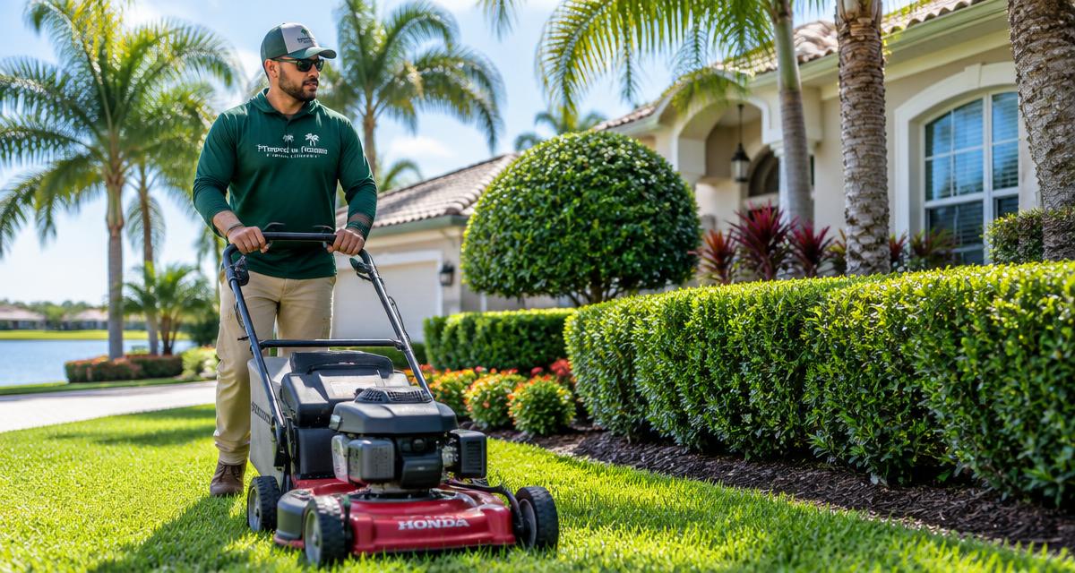 Landscaper mowing a lawn at a Florida home