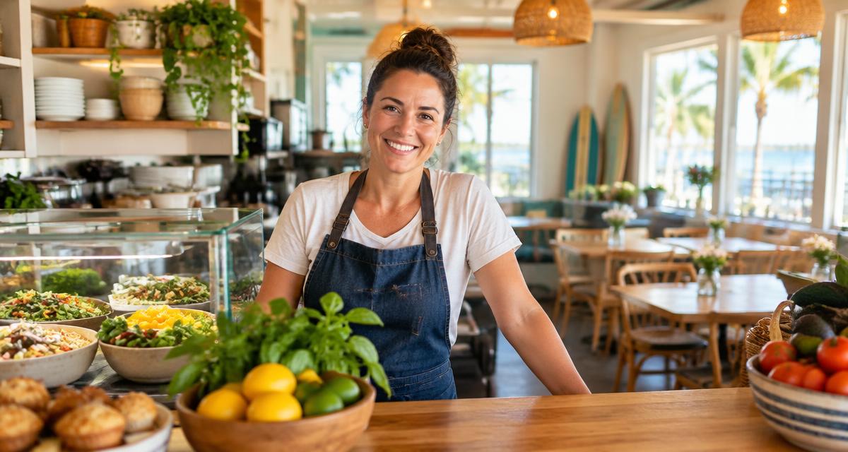 Restaurant owner behind a cafe counter