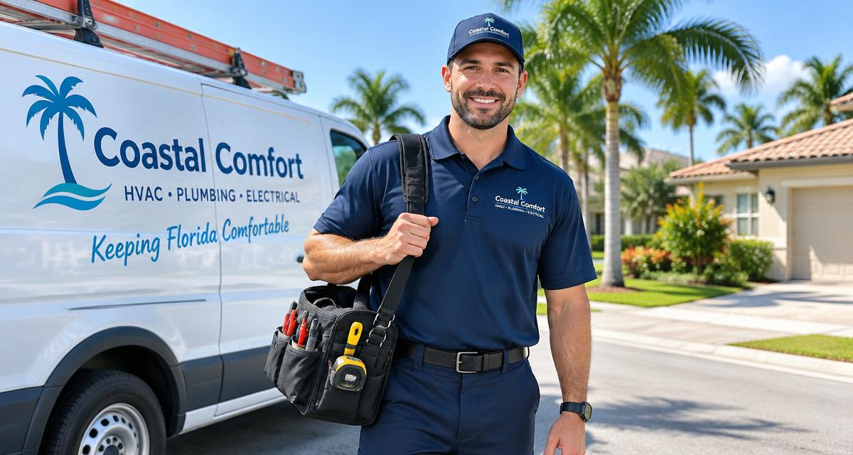 Home service technician beside a work van